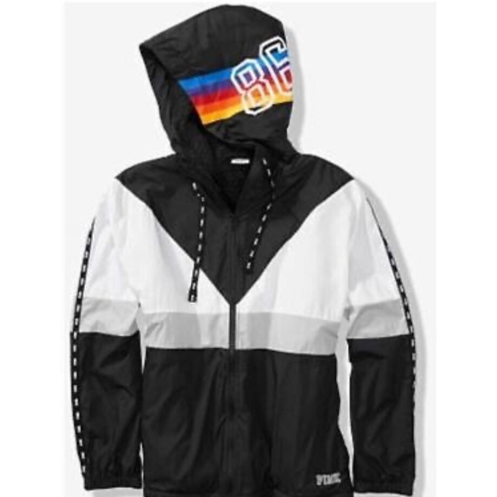 Victoria's Secret Pink Sherpa Lined Anorak Windbreaker Jacket Rainbow‎ Logo M/L